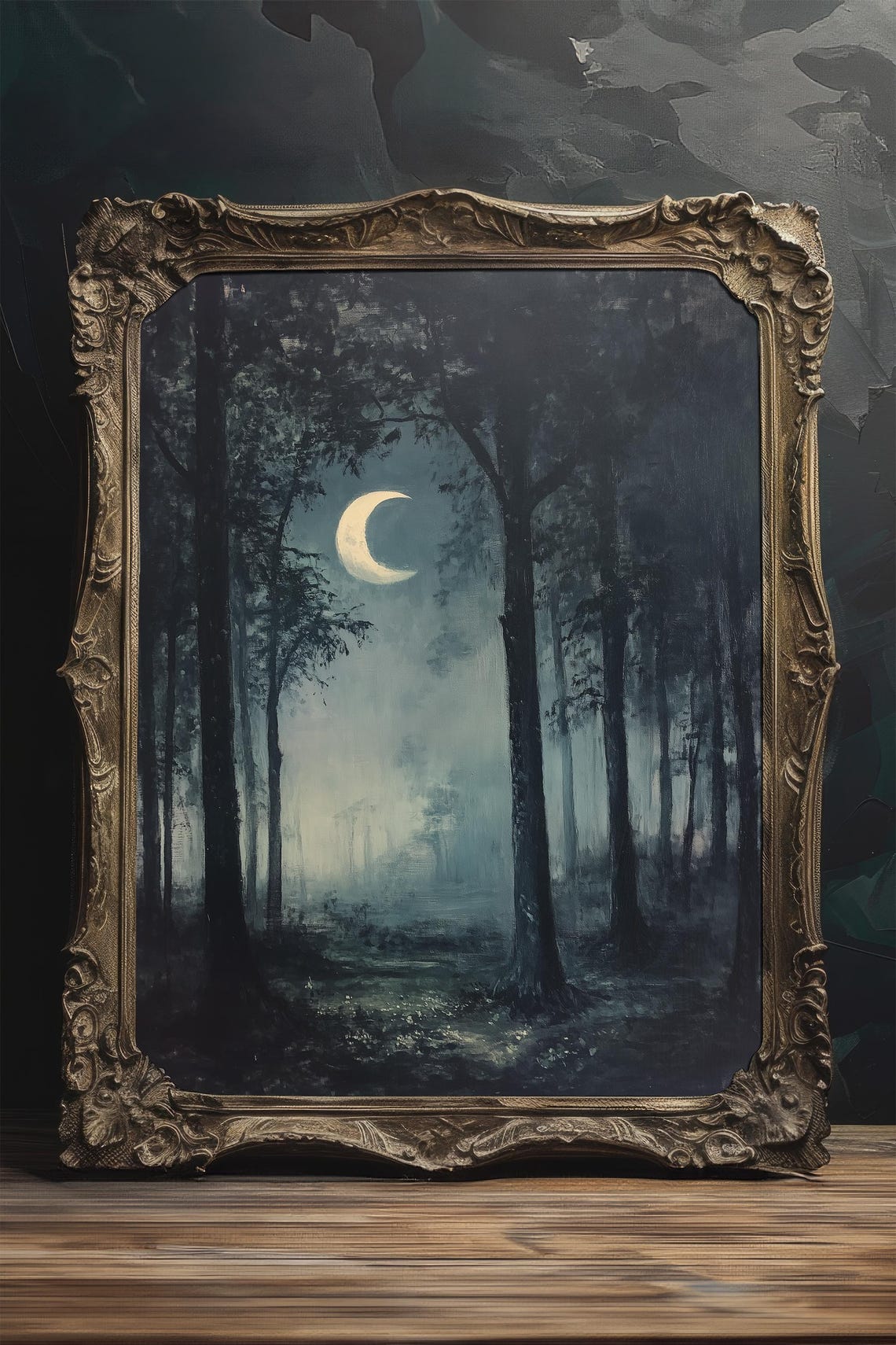 Crescent Moon Over Misty Dark Forest Night Landscape Painting Poster - Image 3