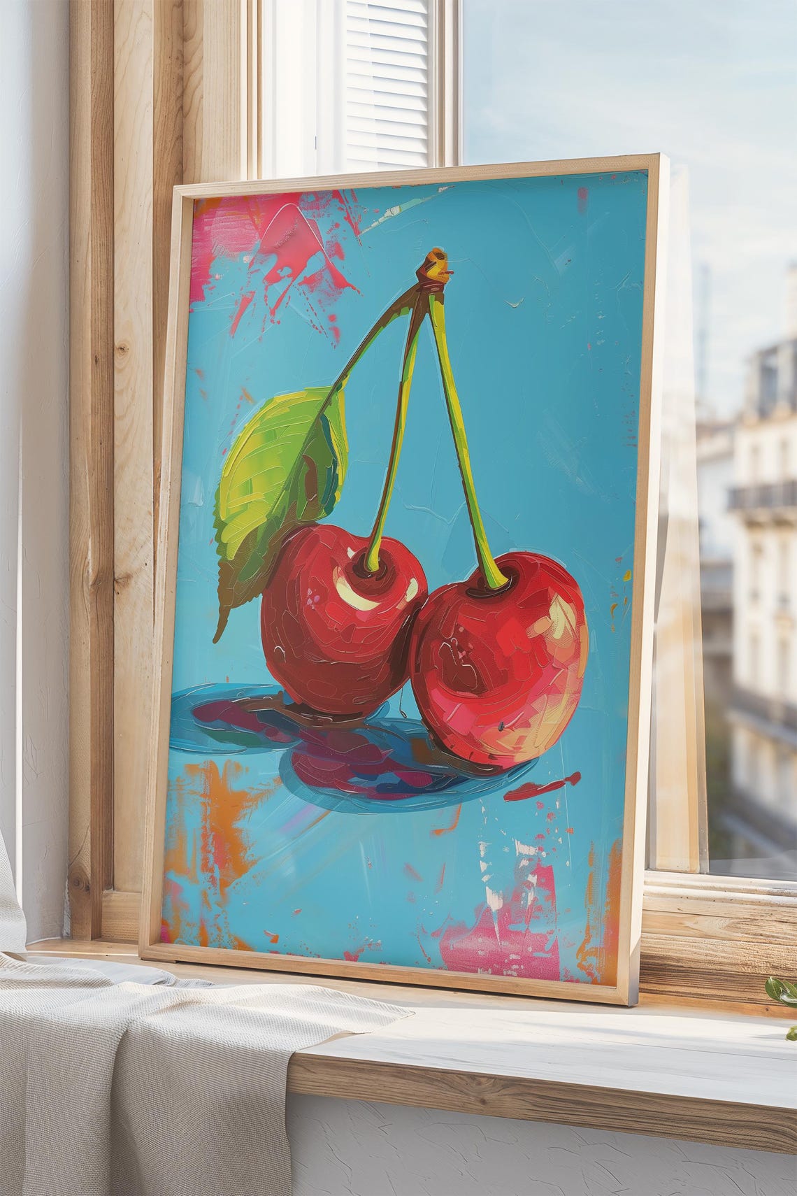 Red Cherries Turquoise Background Impasto Oil Painting Fruit Wall Art - Image 3
