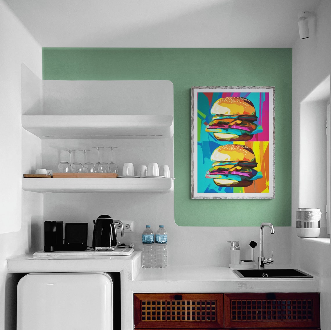 Two Cheeseburgers Color Block Retro Pop Art Fun Kitchen Poster - Image 3