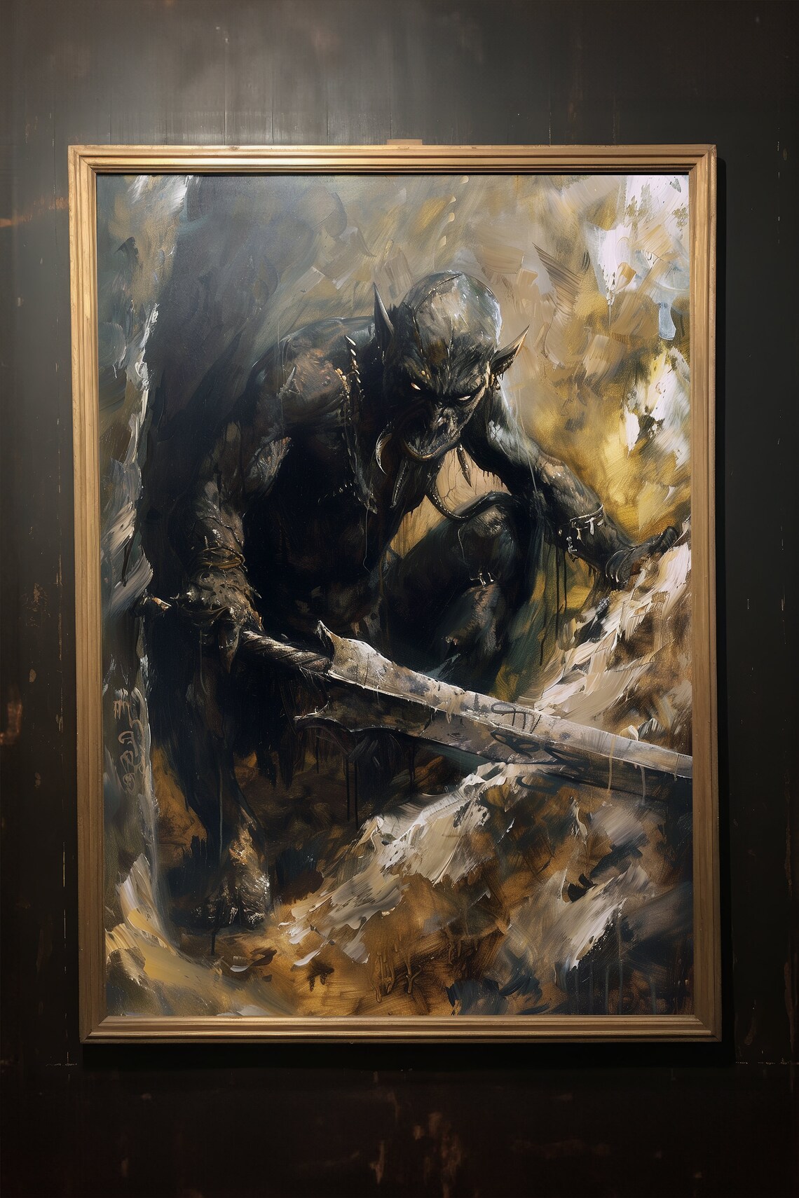 Dark Orc Warrior Sword Painterly Brown Tone Fantasy Art Poster - Image 3