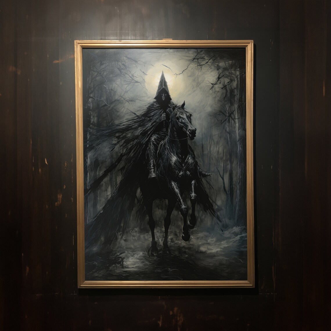 Hooded Rider on Black Horse Moonlit Forest Dark Fantasy Wall Art - Image 2