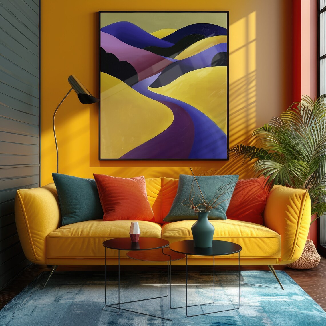 Minimalist Yellow Purple Abstract Mountain Modern Art Poster - Image 2