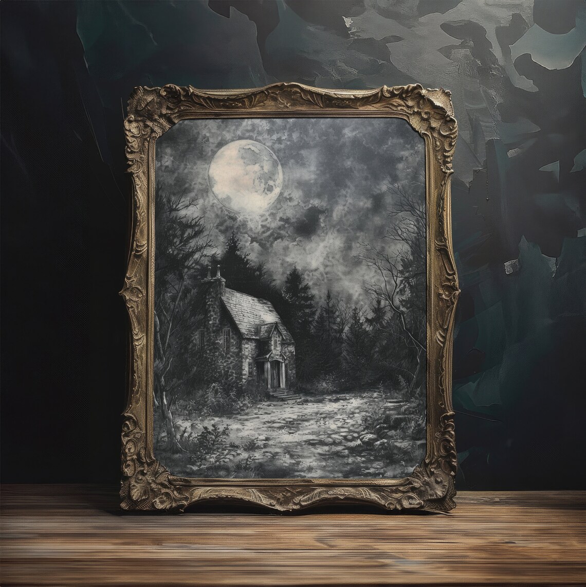 Moonlit Cottage Forest Night Grungy Black White Sketch Dark Moody Art Poster - Image 2