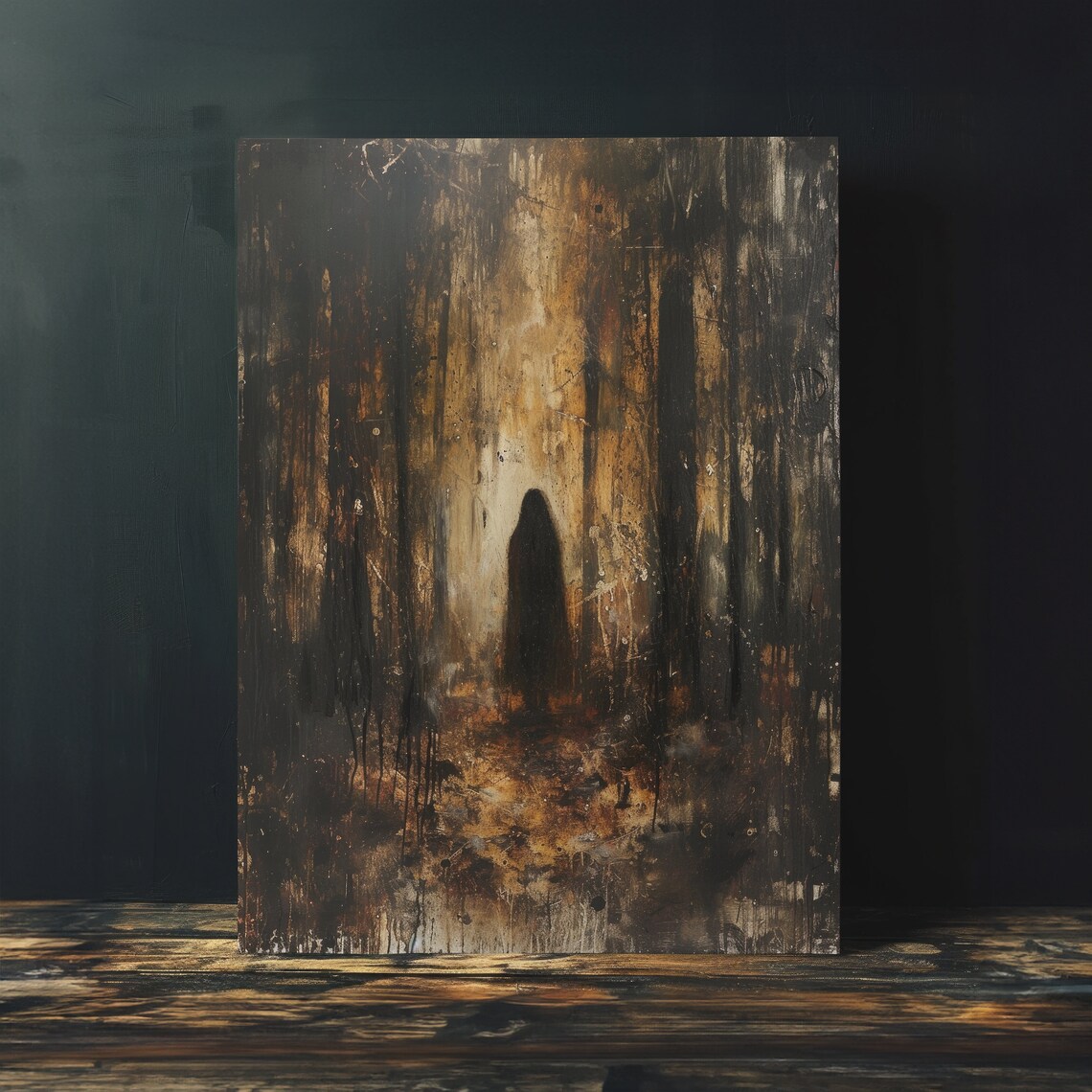 Hooded Witch Forest Silhouette Gold Black Grungy Vintage Painting Art Poster - Image 4
