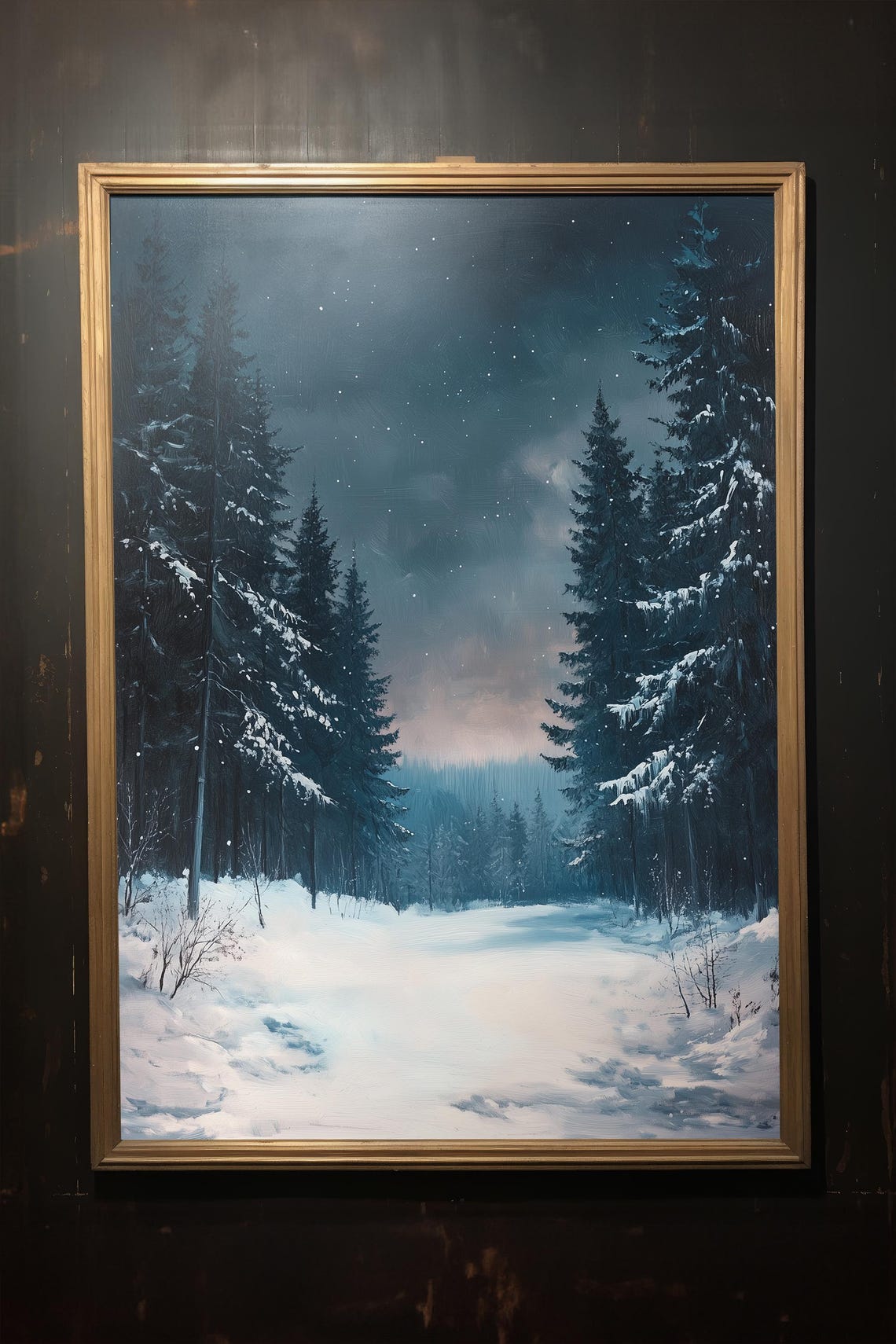 Snowy Evergreen Forest Under Starry Dusk Sky Winter Painting Poster - Image 2