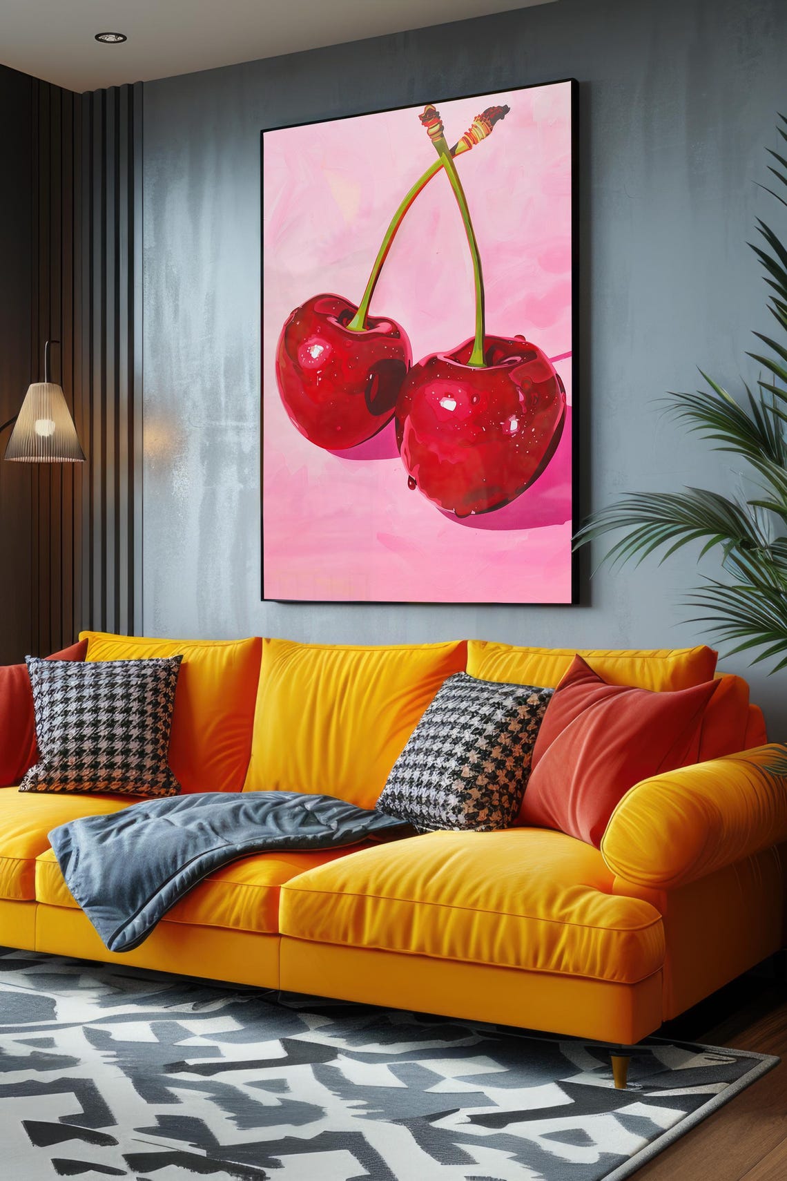 Red Cherries Pink Background Bold Oil Style Fruit Kitchen Wall Art - Image 2