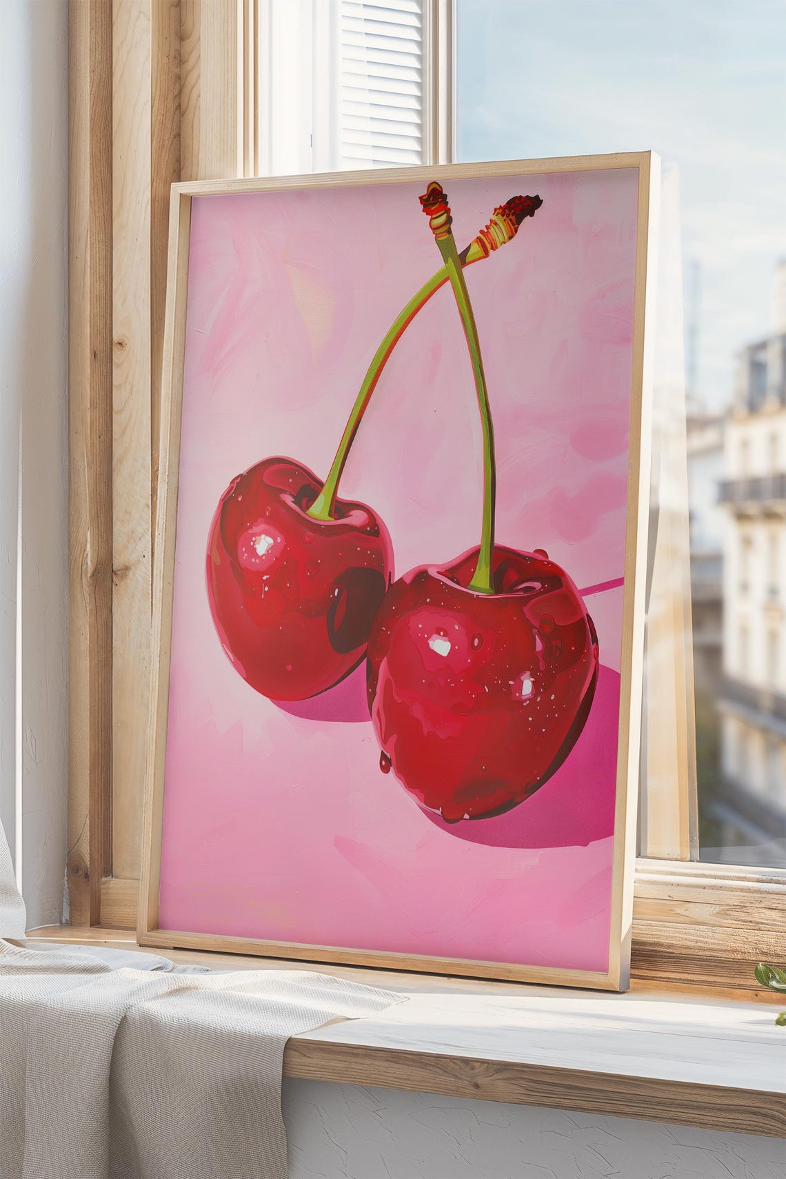 Red Cherries Pink Background Bold Oil Style Fruit Kitchen Wall Art - Image 3