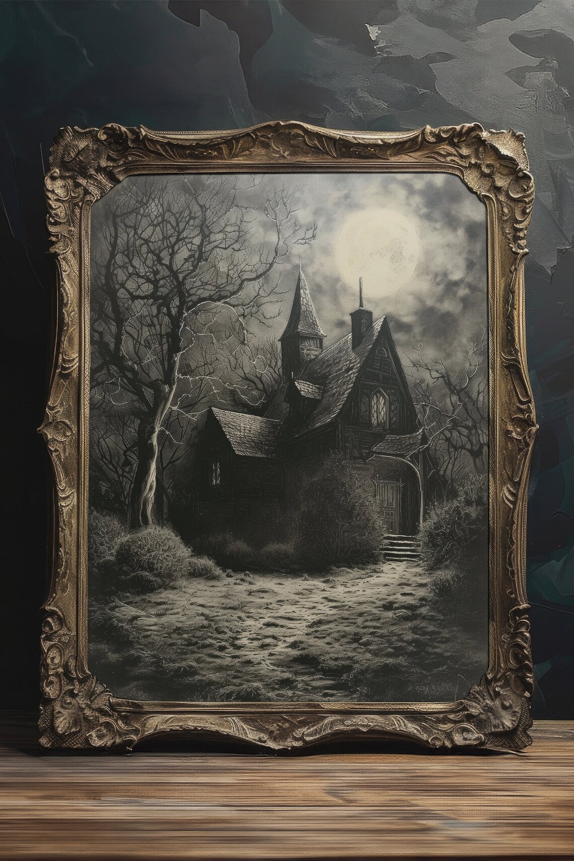 Haunted Gothic House Full Moon Night Charcoal Style Dark Witchy Art Poster - Image 2