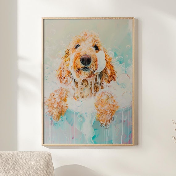 Goldendoodle Bathroom Wall Art Funny Cute Labradoodle Doodle Dog Mom Restroom Toilet Artwork Dog In Bathtub Gift