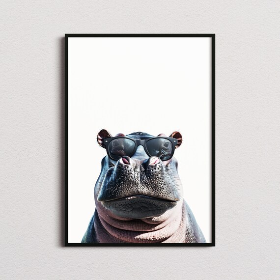 Hippo Wearing Sunglasses Funny Minimalist White Background Poster