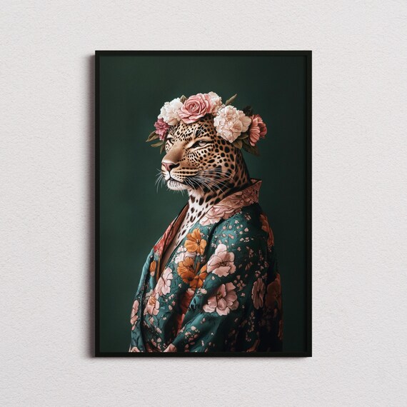 Regal Leopard Portrait Flower Crown Floral Robe Dark Green Poster