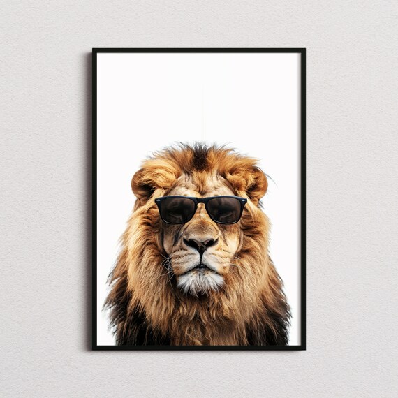 Cool Lion Wearing Black Sunglasses Minimalist White Photo Poster