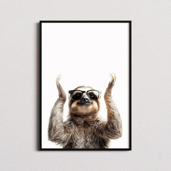 Cheerful Sloth In Sunglasses Arms Raised Funny White Photo Poster