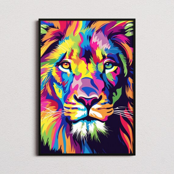 Neon Pop Art Lion Face Close Up Vivid Color Blocks Gallery Poster