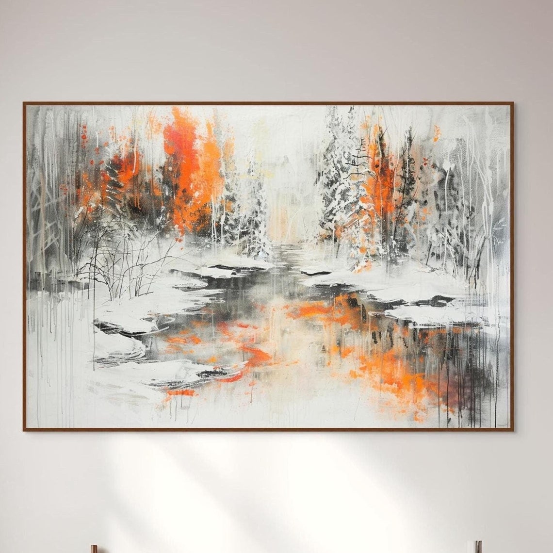 Winter Stream Snowy Forest Orange Trees Reflection Scenic Poster