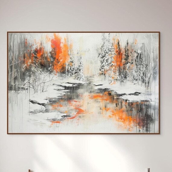 Winter Stream Landscape Orange Trees In Winter Seasonal Stream View Scenic Winter Wall Decor Nature Inspired Art Piece Cozy Art