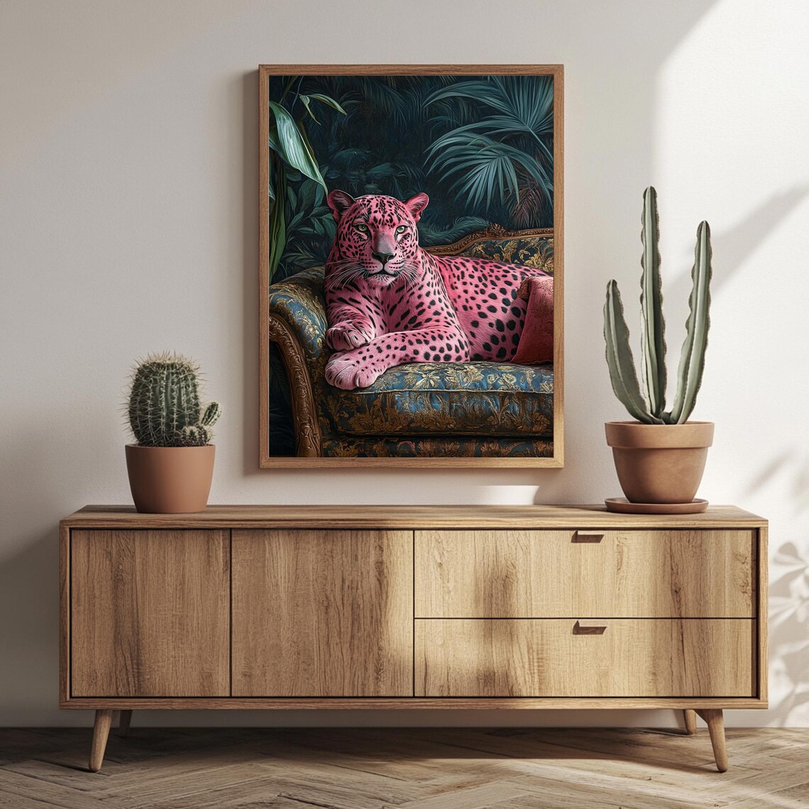 Pink Leopard Reclining on an Ornate Jungle Settee Art Poster