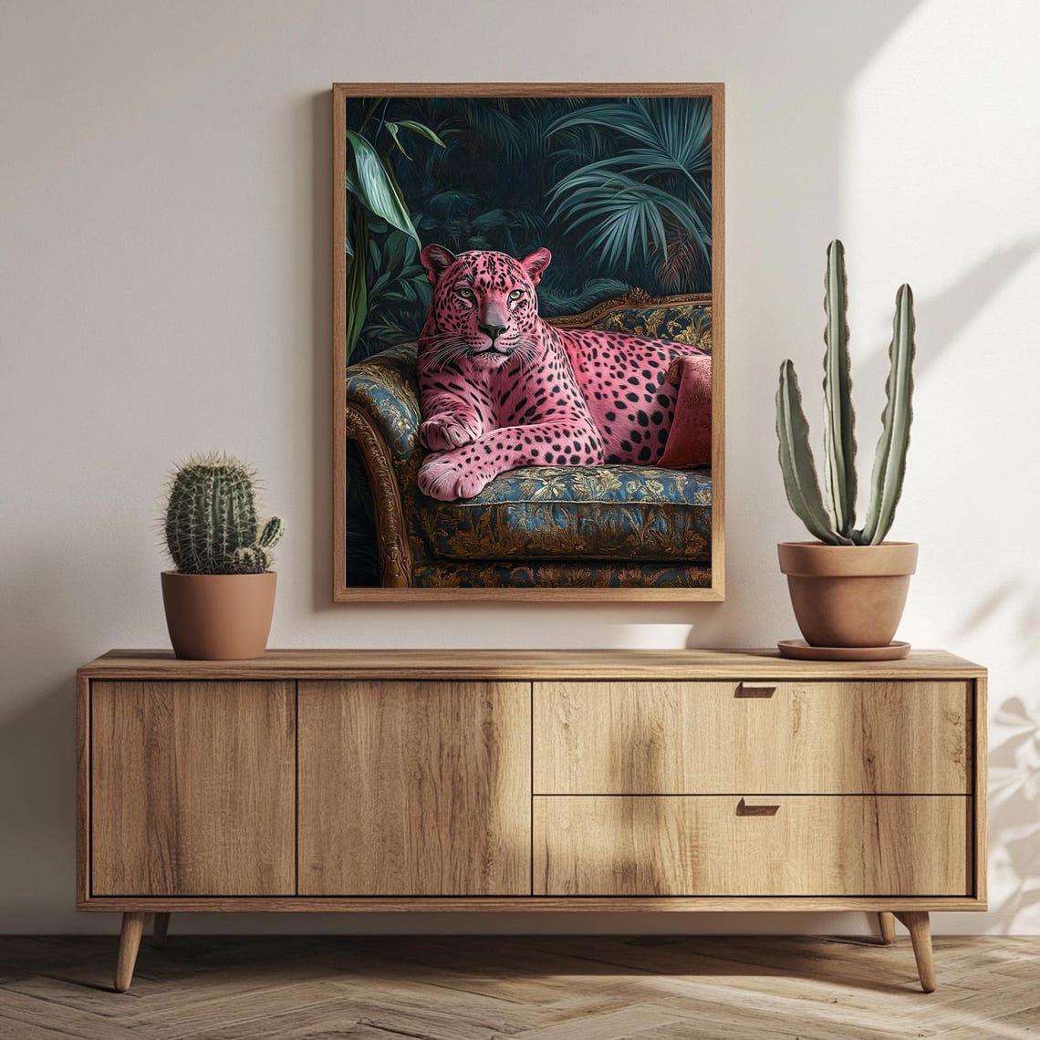 Wall Art Sleeping Leopard Maximalist Oil Painting Bold Pink Dopamine Bedroom Poster Kitsch Wild Animal Eclectic Floral Print