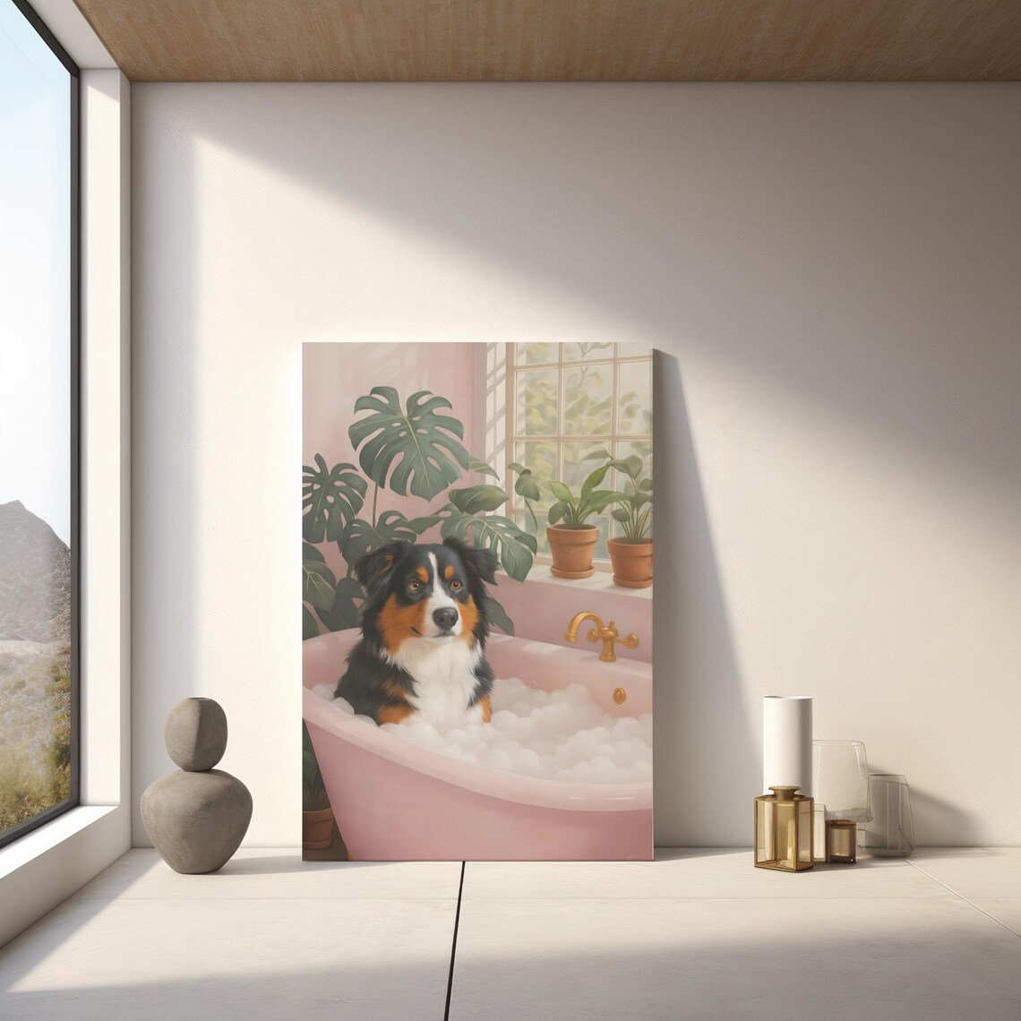 Australian Shepherd in Pink Bathtub Bubble Bath Funny Dog Wall Poster