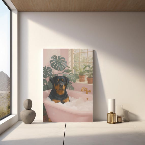 Funny Rottweiler Art Rottie In Bathtub Print Modern Pet Wall Decor Instant