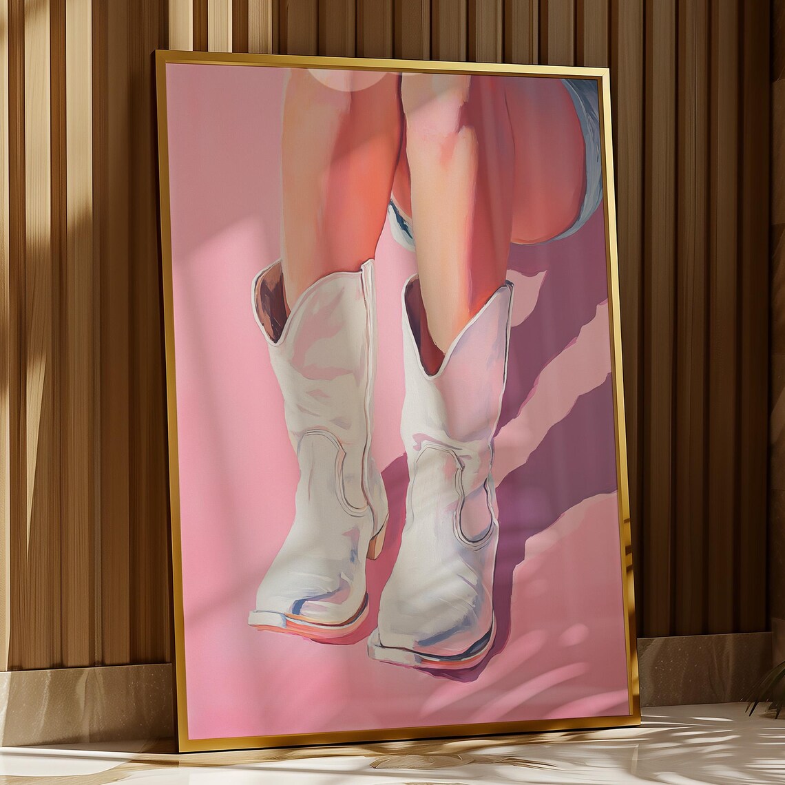 White Cowboy Boots Painting Pink Background Cowgirl Style Poster