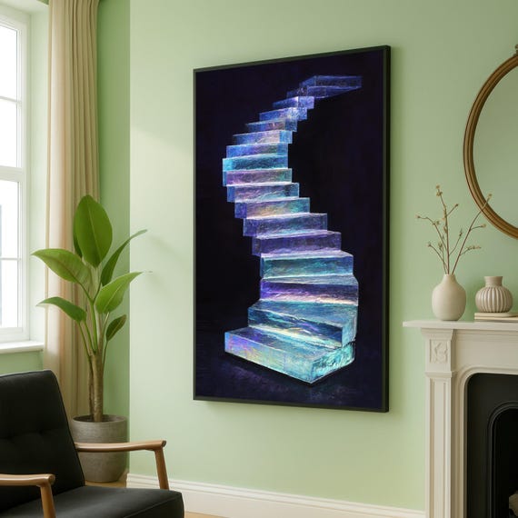 Iridescent Spiral Staircase Canvas Futuristic Abstract Wall Art Blue Purple Glow Home Decor Modern Architectural