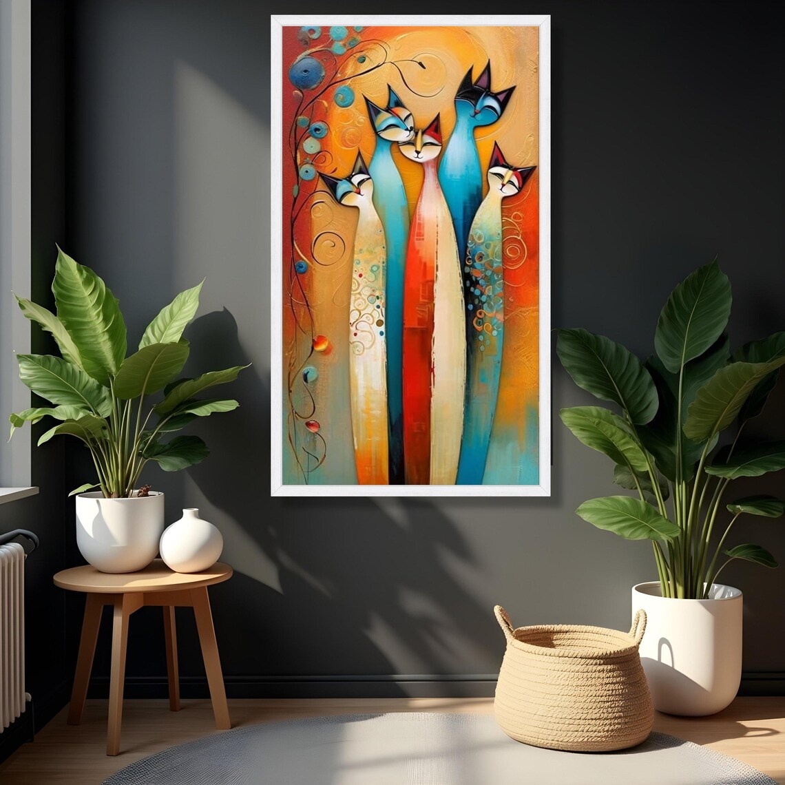 Colorful Cat Family Tropical Flowers Whimsical Modern Feline Art Poster