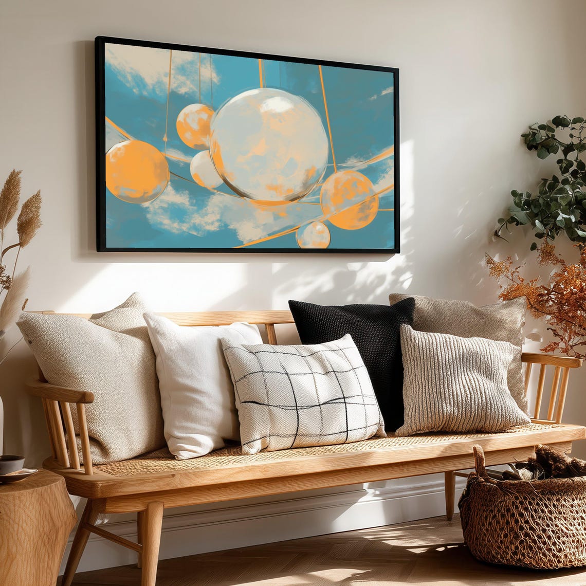 Hanging Orbital Spheres Blue Orange Geometric Modern Abstract Poster