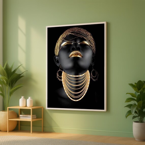 Elegant Black And Gold Portrait Canvas Glamorous Woman Wall Art Luxury Jewelry Necklace Print Modern Home Dcor