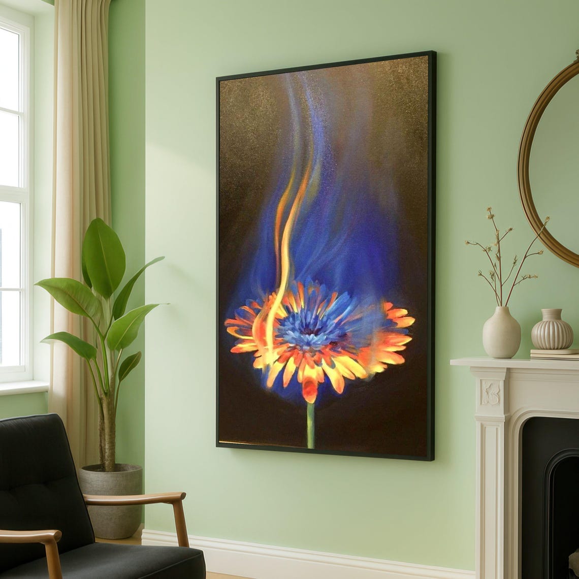 Burning Bloom Blue And Orange Fiery Flame Abstract Floral Poster