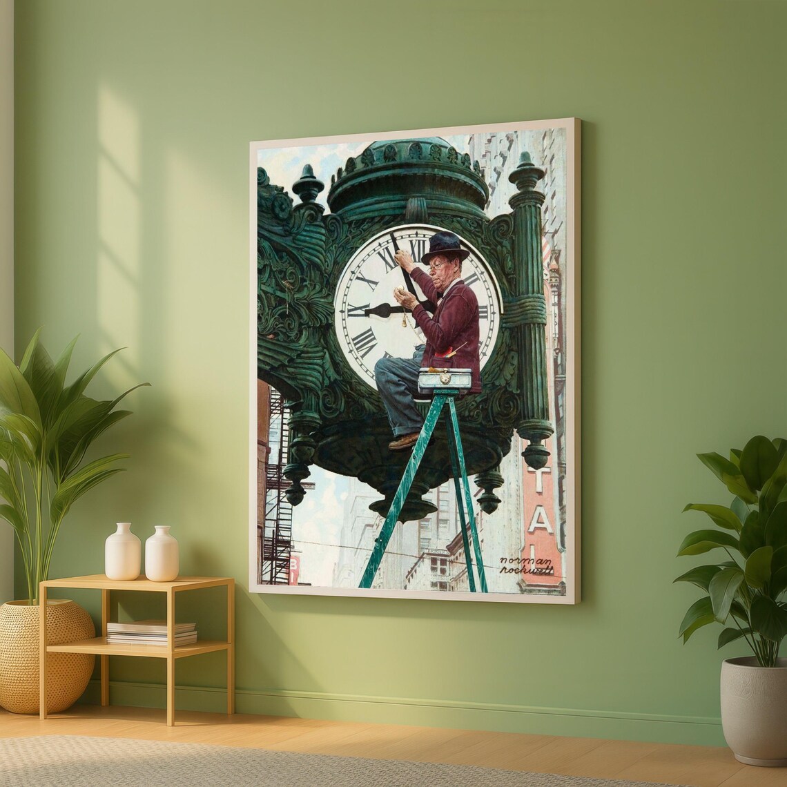 Norman Rockwell Clock Repairman Vintage Street Scene Art Poster
