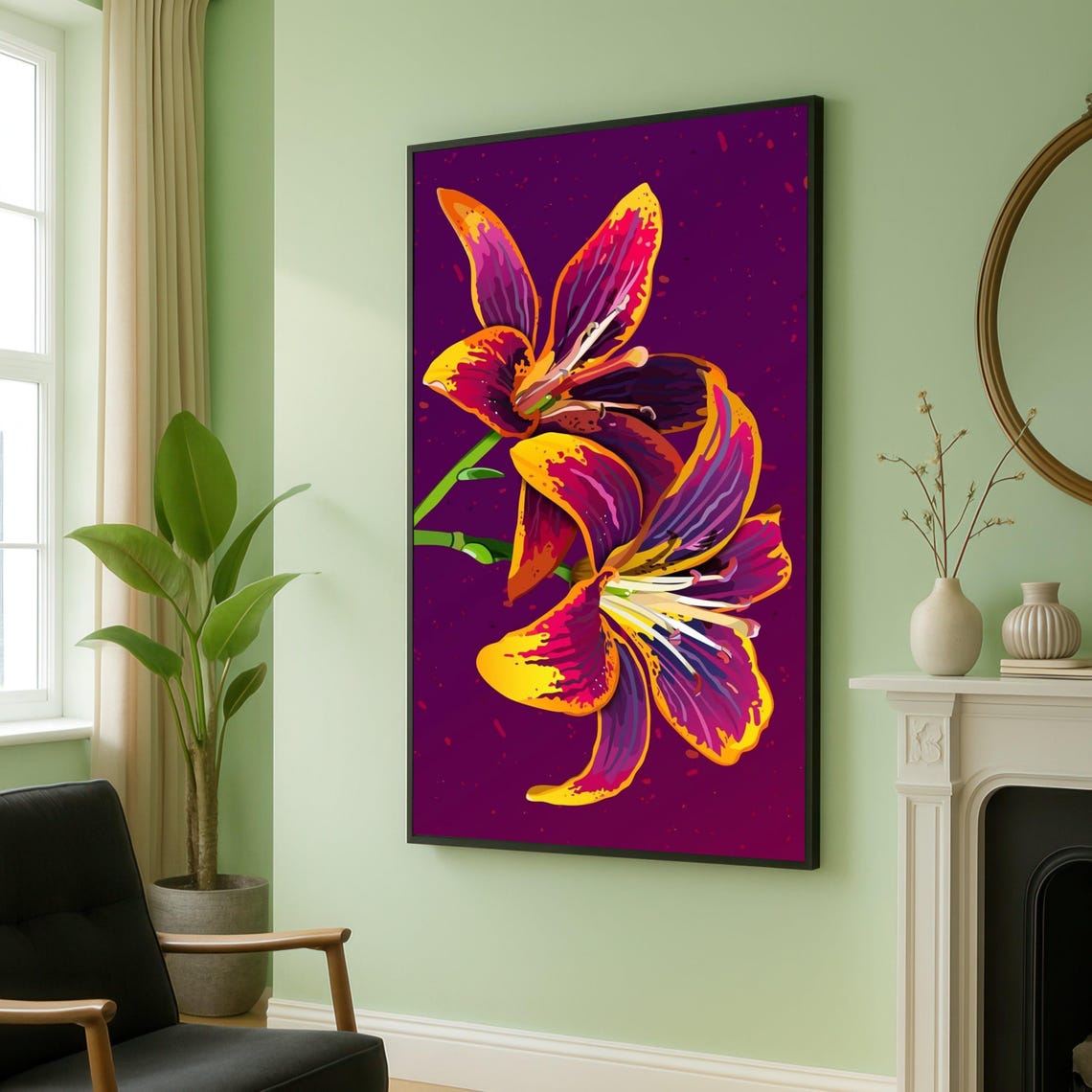 Vibrant Purple Yellow Lily Pop Art Bold Tropical Floral Poster