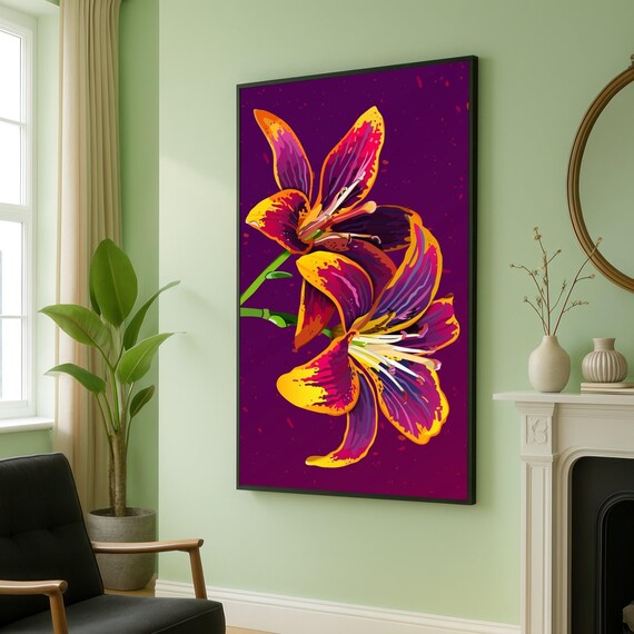 Vibrant Purple And Yellow Lily Canvas Tropical Flower Wall Art Colorful Floral Modern Botanical Decor Ready To Hang Home