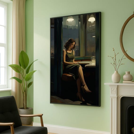Edward Hopper Elegant Woman In Cafe Moody Interior Canvas Evening Ambiance Wall Art Modern Figure Painting Atmospheric Home Decor