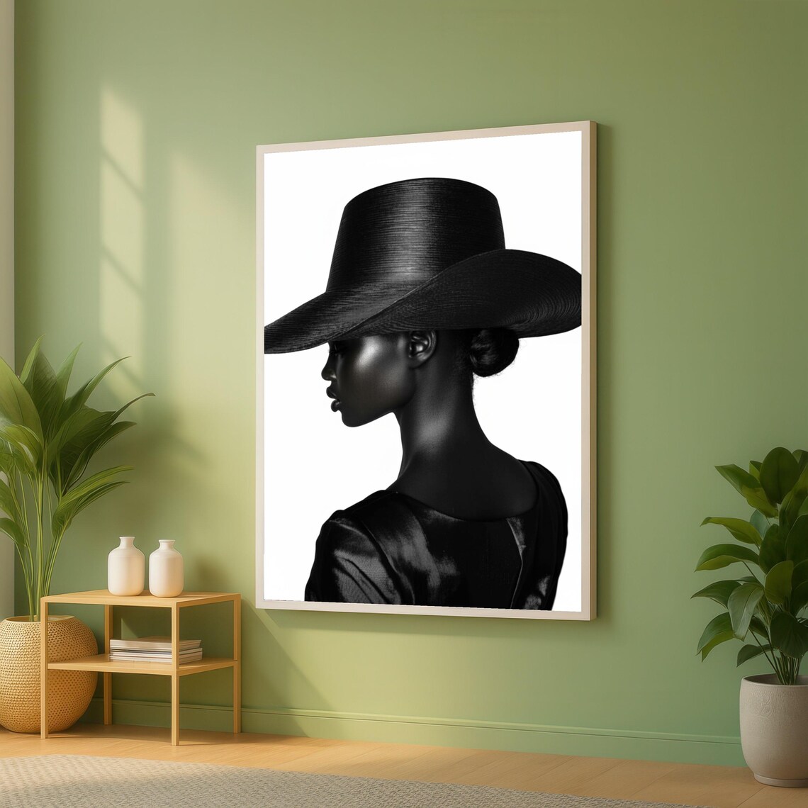 Elegant Woman Wide Black Hat Side Profile Fashion Portrait Poster