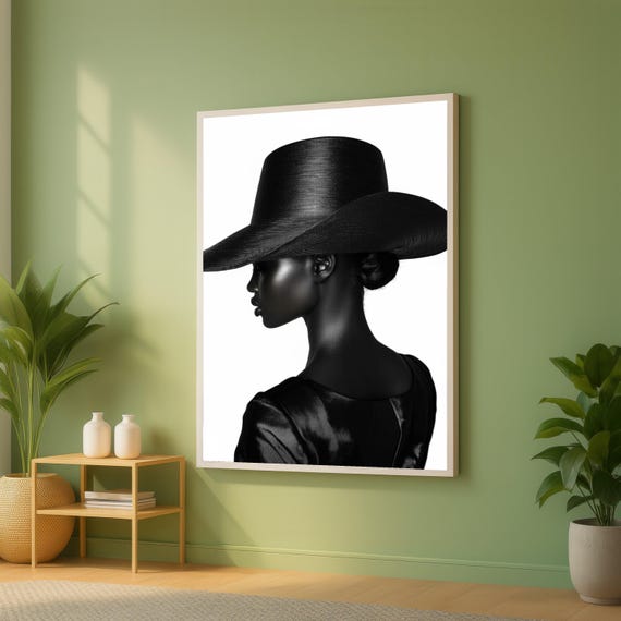 African Black Art Girl Canvas Elegant Hat Portrait Modern Fashion Wall Woman