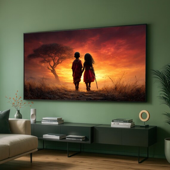 African Sunset Children Silhouette Savannah Acacia Tree Art Poster