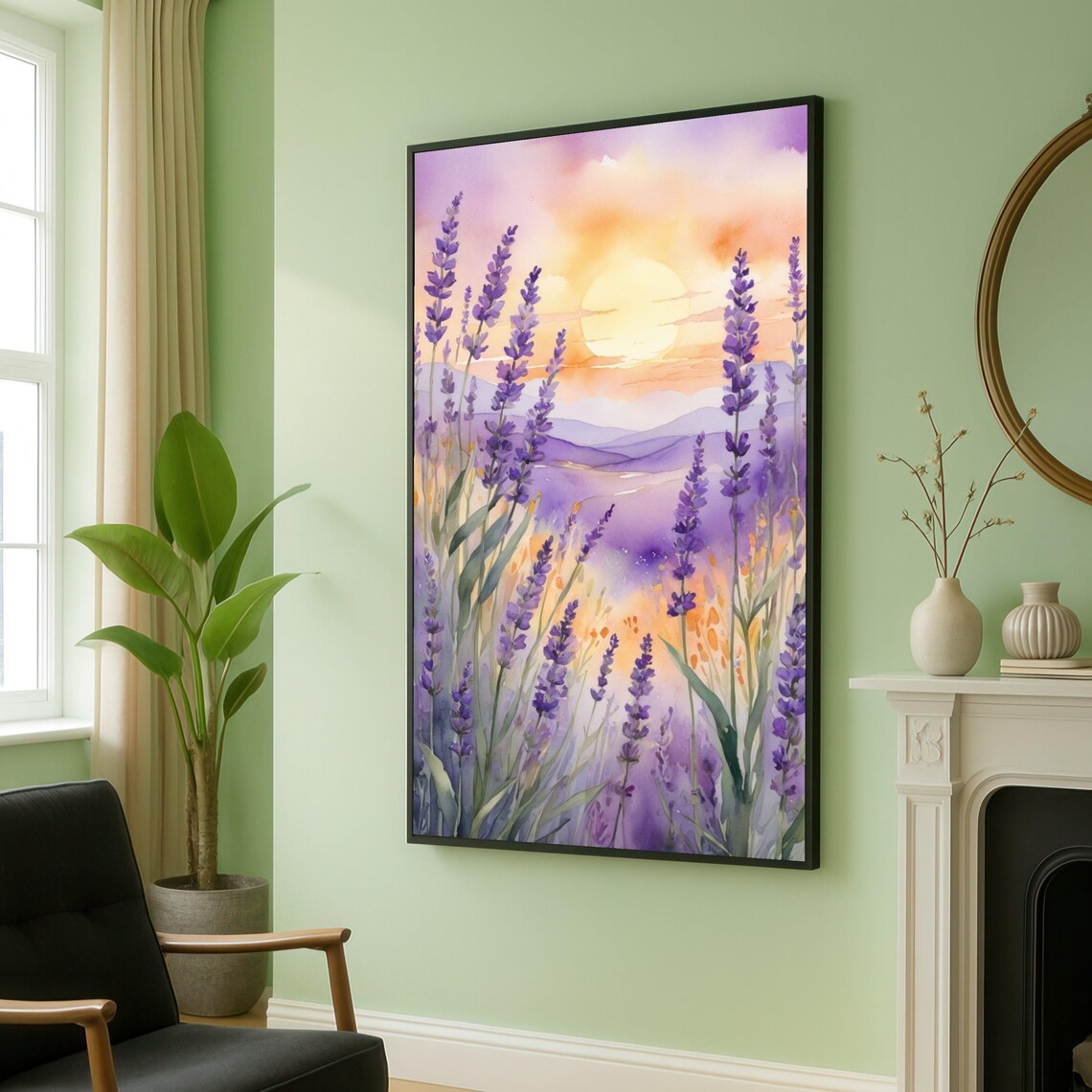 Lavender Field at Sunset Watercolor Purple Flowers Landscape Poster