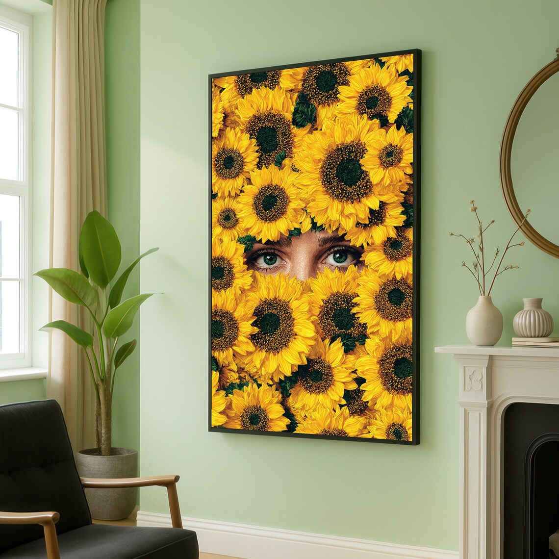 Mysterious Eyes Hidden Among Yellow Sunflowers Floral Poster