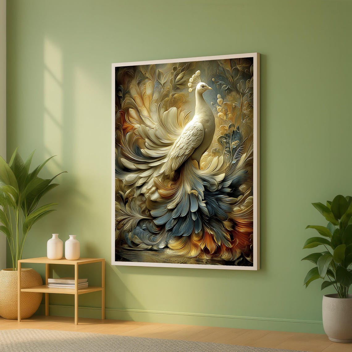 Elegant White Peacock Ornate Feather Bird Art Decorative Wall Poster