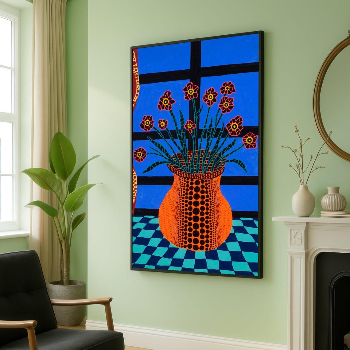Yayoi Kusama Style Dotted Pot With Red Flowers Pop Art Poster