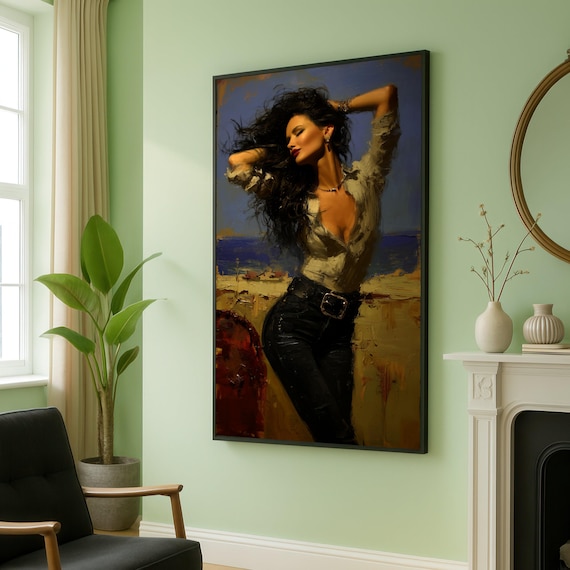 Elegant Windswept Woman Oil Painting Style Fashion Portrait Poster