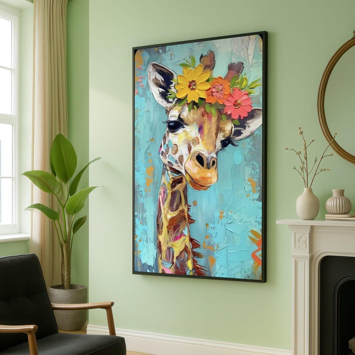 Colorful Giraffe Floral Crown Turquoise Safari Painterly Print