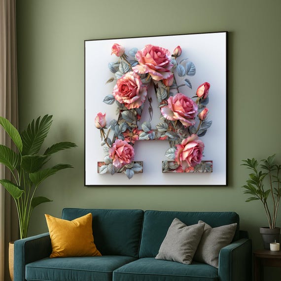 Floral Letter A Canvas Wall Art Pink Roses Alphabet Design Botanical Monogram Print Elegant Initial Home Decor Ready To Hang Artwork