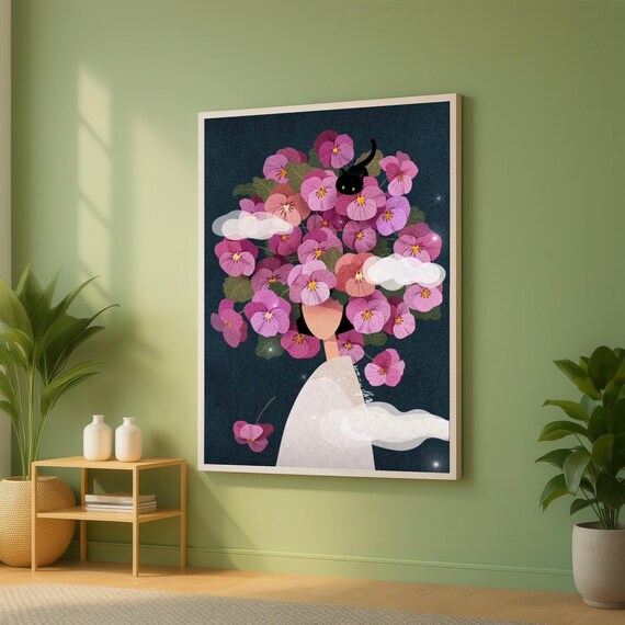 Abstract Floral Woman Canvas Pink Pansies Wall Art Black Cat Illustration Surreal Nature Modern Decorative Artwork