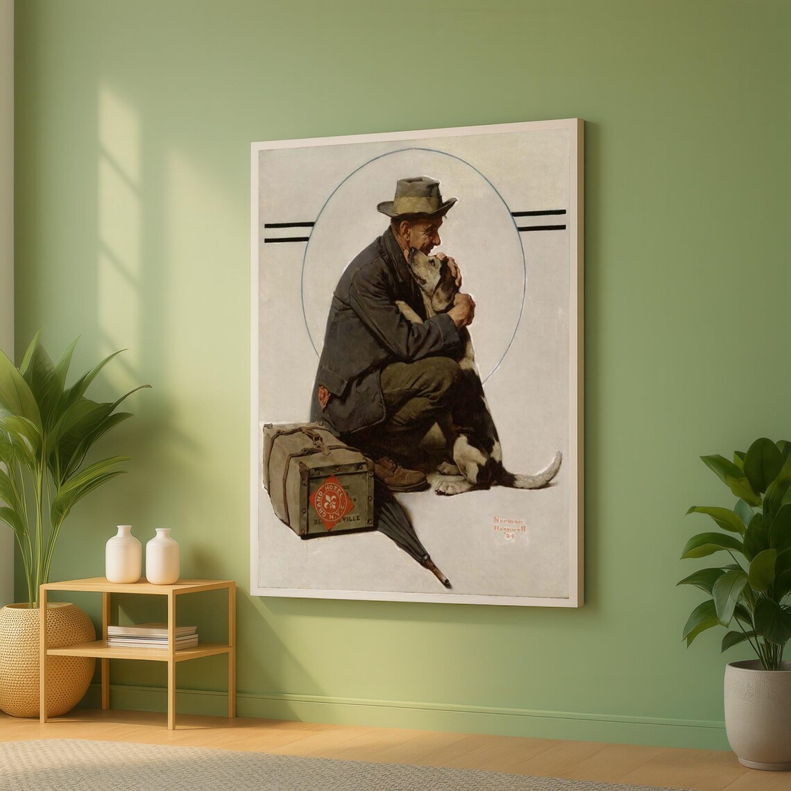 Norman Rockwell Tender Moment Traveler Hugging Dog Art Poster