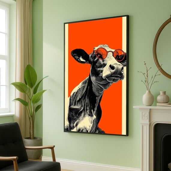 Cool Cow Illustration Canvas Modern Animal Wall Art Retro Sunglasses Print Bold Orange Background Fun Farmhouse Decor