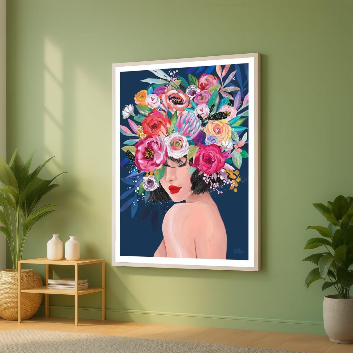 Woman With Colorful Floral Crown Navy Elegant Portrait Wall Art