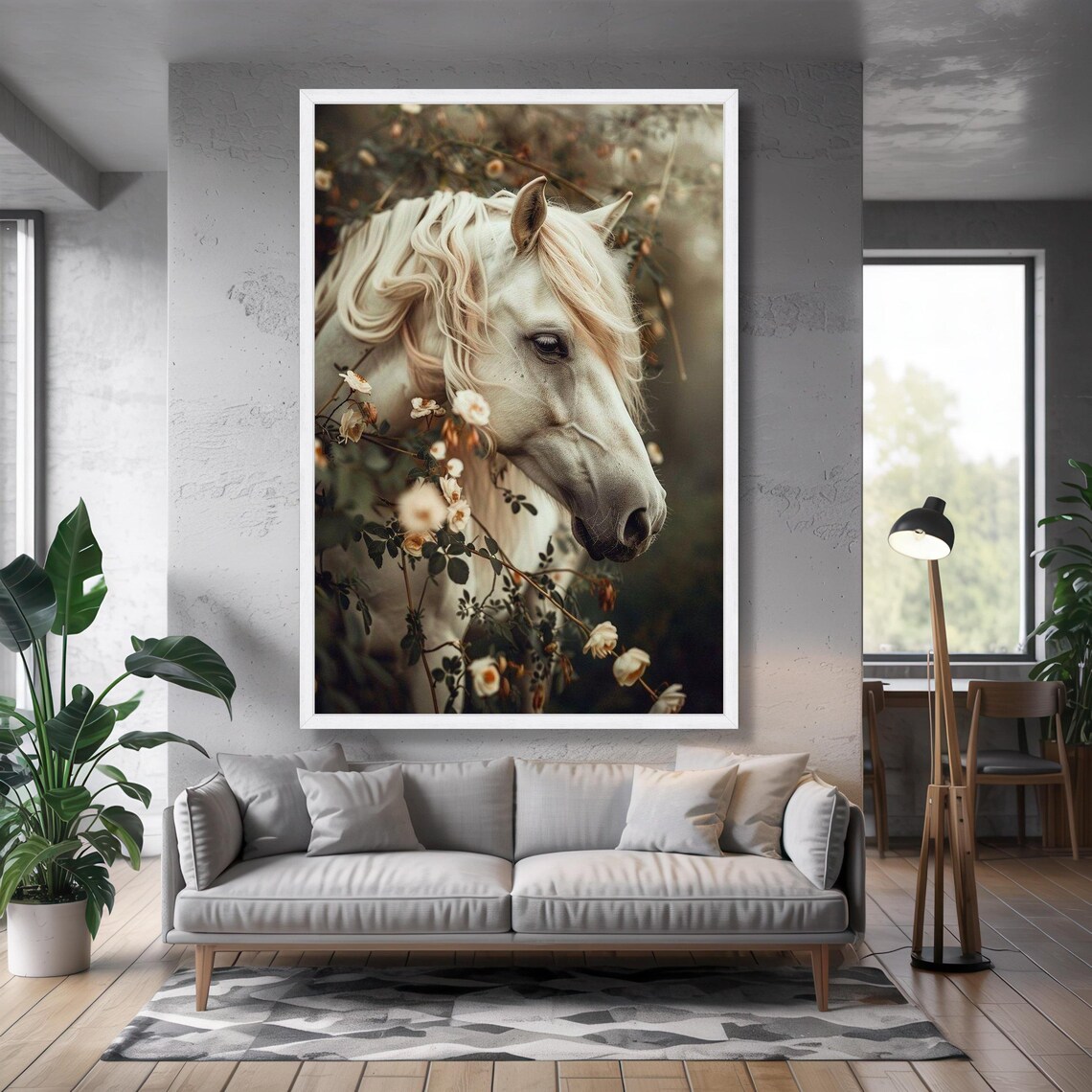 Elegant White Horse Portrait Among Flowers Rustic Country Art Poster