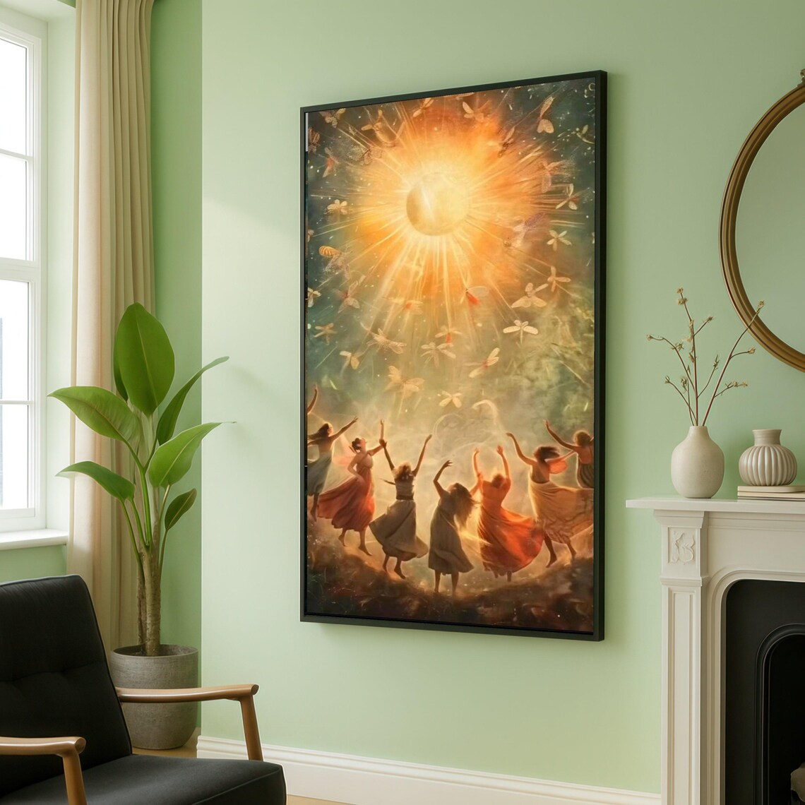Women Dancing Under Radiant Sun Magical Nature Celebration Poster